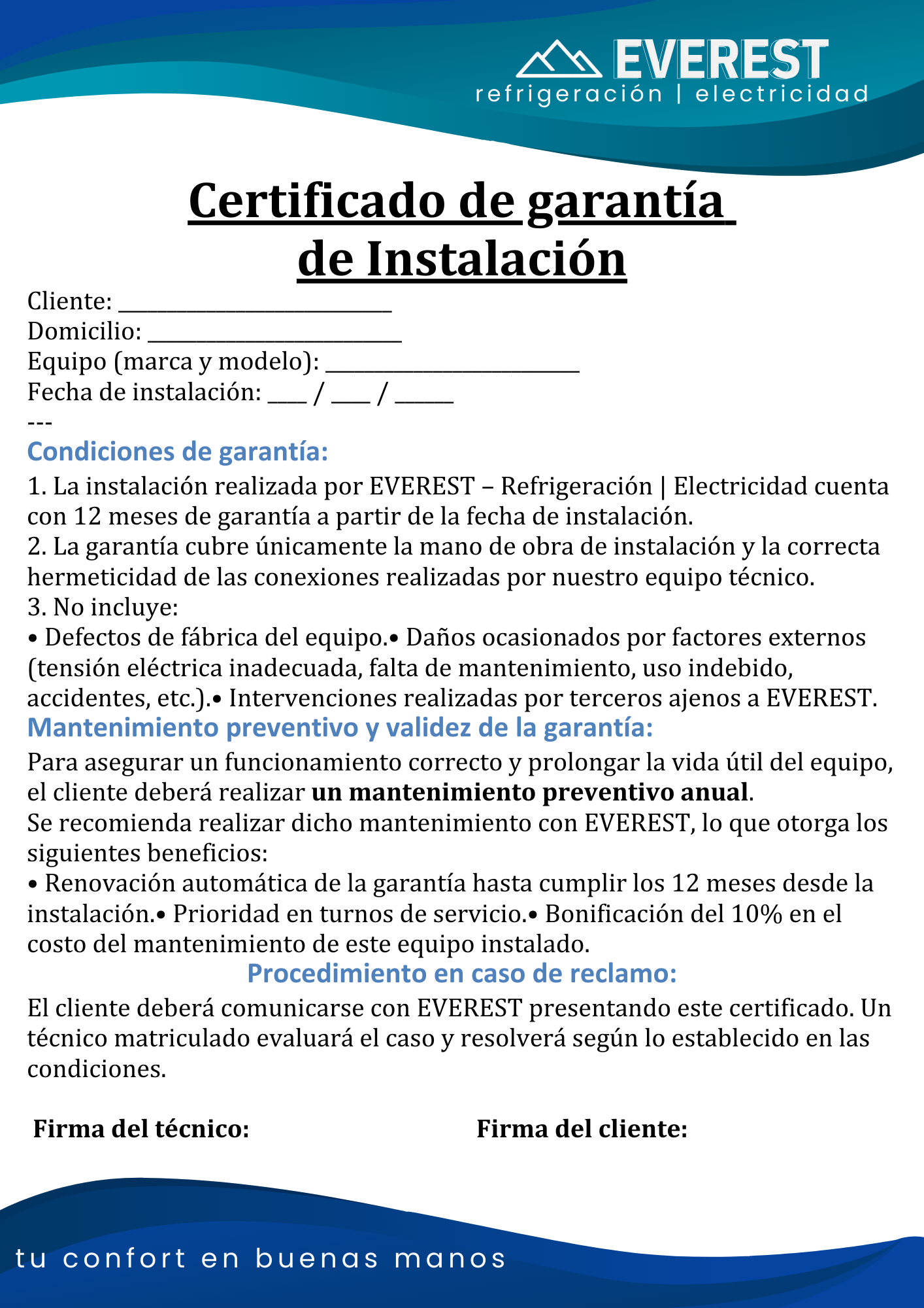 Certificado de garantía EVEREST